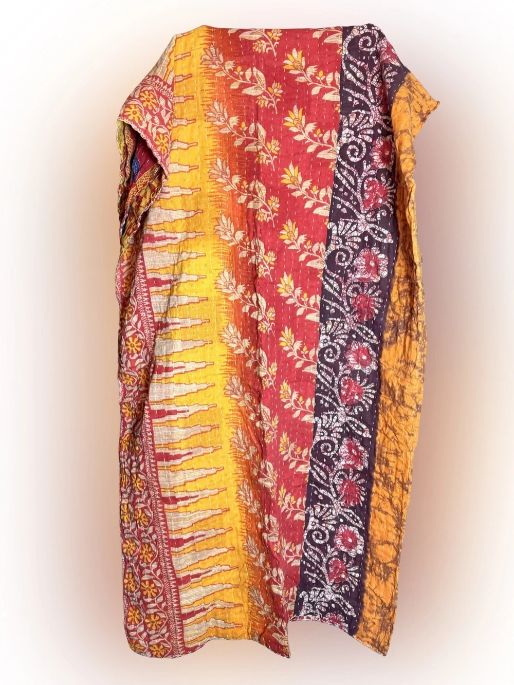 Handcrafted Multi-Color Kantha Quilt: Yellow, Orange & Red